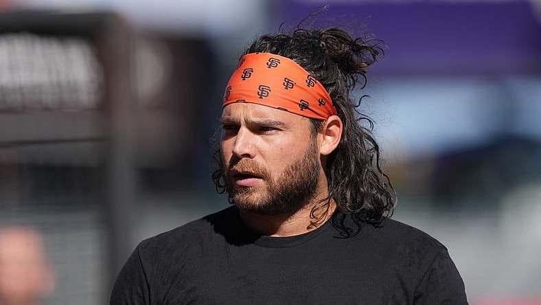 Sep 9, 2023; San Francisco, California, USA; San Francisco Giants shortstop Brandon Crawford (35) walks on the field before the game against the Colorado Rockies at Oracle Park. Mandatory Credit: Darren Yamashita-USA TODAY Sports
