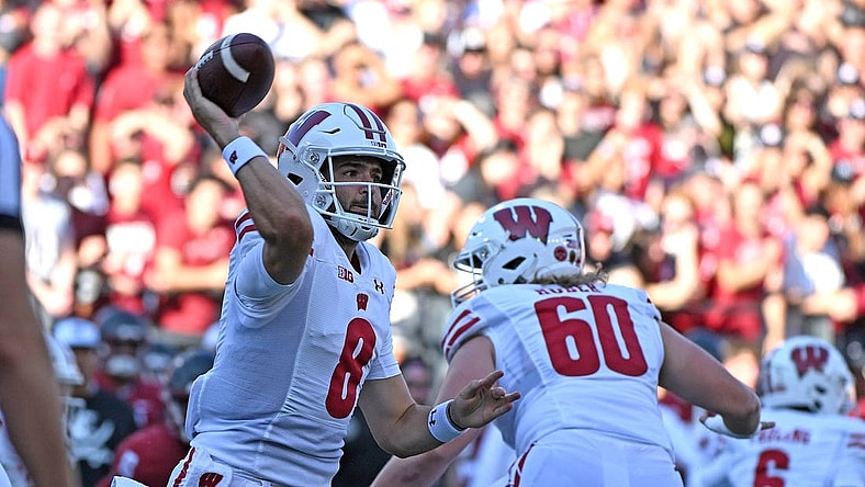Sep 9, 2023; Pullman, Washington, USA; Wisconsin Badgers quarterback Tanner Mordecai (8) throws a pass against the Washington State Cougars in the first half at Gesa Field at Martin Stadium. Mandatory Credit: James Snook-USA TODAY Sports