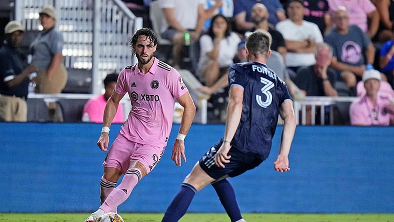 Sep 9, 2023; Fort Lauderdale, Florida, USA; Inter Miami CF forward Leonardo Campana (9) dribbles the ball against Sporting Kansas City defender Andreu Fontas (3) during the second half at DRV PNK Stadium. Mandatory Credit: Rich Storry-USA TODAY Sports