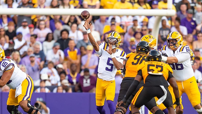 Tigers Quarterback Jayden Daniels 5 throws a pass as the LSU Tigers take on Grambling State at Tiger Stadium in Baton Rouge, Louisiana, Saturday, Sept. 9, 2023.