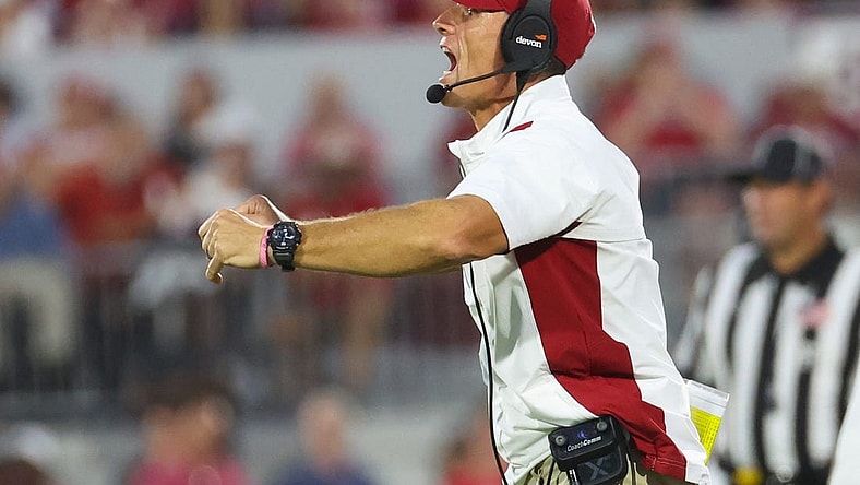 Sep 9, 2023; Norman, Oklahoma, USA;  Oklahoma Sooners head coach Brent Venables reacts during the second half  against the Southern Methodist Mustangs at Gaylord Family-Oklahoma Memorial Stadium. Mandatory Credit: Kevin Jairaj-USA TODAY Sports