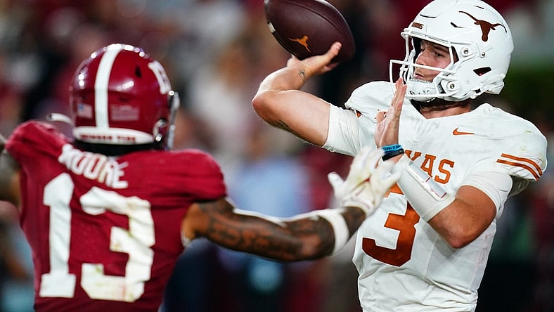 Sep 9, 2023; Tuscaloosa, Alabama, USA; Texas Longhorns quarterback Quinn Ewers (3) passing against the Alabama Crimson Tide during the third quarter at Bryant-Denny Stadium. Mandatory Credit: John David Mercer-USA TODAY Sports