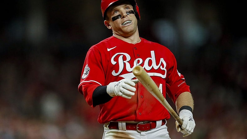 Sep 9, 2023; Cincinnati, Ohio, USA; Cincinnati Reds center fielder Harrison Bader (4) reacts after a strike called in the fifth inning in the game against the St. Louis Cardinals at Great American Ball Park. Mandatory Credit: Katie Stratman-USA TODAY Sports