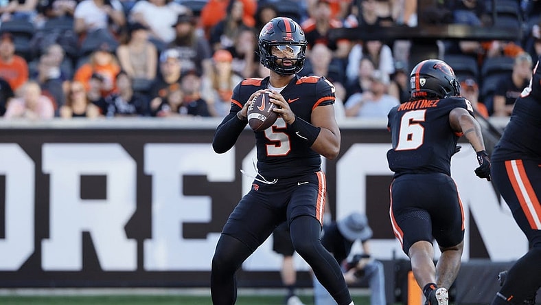 Sep 9, 2023; Corvallis, Oregon, USA; Oregon State Beavers quarterback DJ Uiagalelei (5) looks to throw during the first half against the UC Davis Aggies at Reser Stadium. Mandatory Credit: Soobum Im-USA TODAY Sports