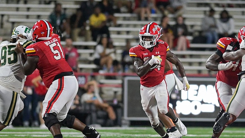 Sep 9, 2023; College Park, Maryland, USA; Maryland Terrapins running back Roman Hemby (24) rushes during the second half against the Charlotte 49ers at SECU Stadium. Mandatory Credit: Tommy Gilligan-USA TODAY Sports
