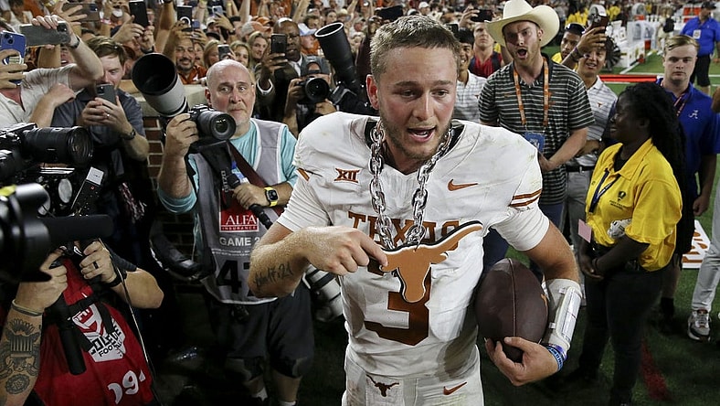 Sep 9, 2023; Tuscaloosa, Alabama, USA;  Texas Longhorns quarterback Quinn Ewers (3) celebrates after the win over Alabama Crimson Tide at Bryant-Denny Stadium. Texas defeated Alabama 34-24. Mandatory Credit: Gary Cosby Jr. -USA TODAY Sports