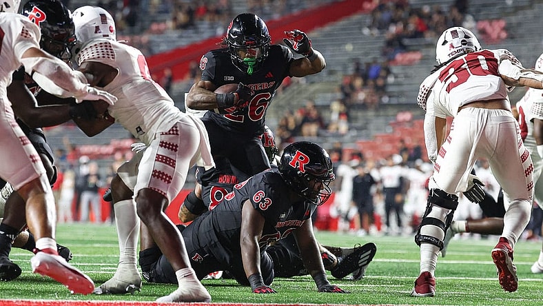 Sep 9, 2023; Piscataway, New Jersey, USA; Rutgers Scarlet Knights running back Al-Shadee Salaam (26) scores a rushing touchdown during the second half against the Temple Owls at SHI Stadium. Mandatory Credit: Vincent Carchietta-USA TODAY Sports