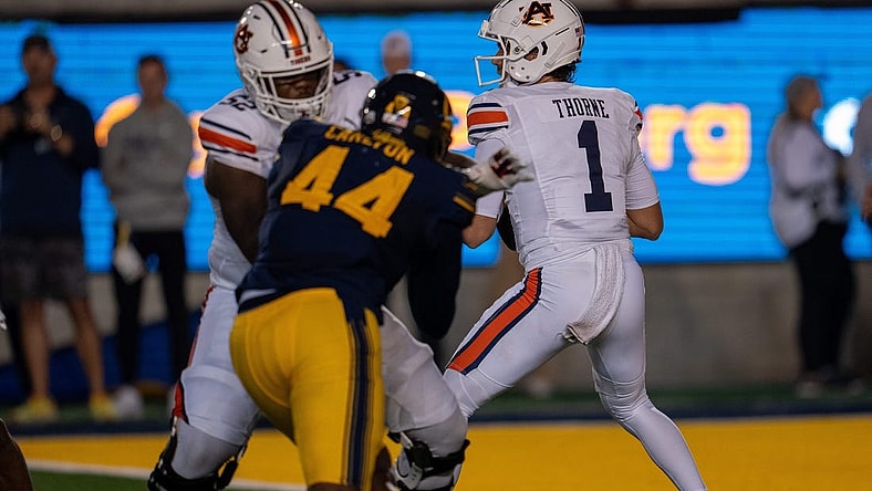 Sep 9, 2023; Berkeley, California, USA; Auburn Tigers quarterback Payton Thorne (1) prepares to pass the football during the first quarter against the California Golden Bears at California Memorial Stadium. Mandatory Credit: Neville E. Guard-USA TODAY Sports