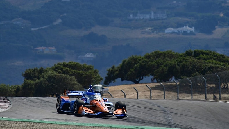 Sep 9, 2023; Salinas, California, USA; Chip Ganassi Racing driver Scott Dixon (9) of New Zealand during qualifying at WeatherTech Raceway Laguna Seca. Mandatory Credit: Gary A. Vasquez-USA TODAY Sports