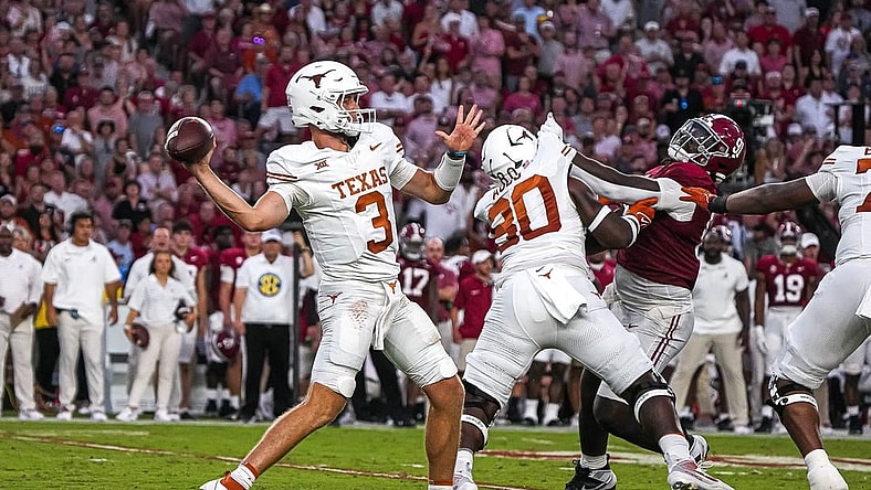 Sep. 9, 2023; Tuscaloosa, Alabama; Texas Longhorns quarterback Quinn Ewers (3) throws a pass during the game against Alabama at Bryant-Denny Stadium on Saturday, Sep. 9, 2023 in Tuscaloosa, Alabama. Mandatory Credit: Aaron E. Martinez-USA TODAY NETWORK