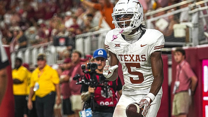 Sep. 9, 2023; Tuscaloosa, Alabama; Texas Longhorns wide receiver Adonai Mitchell (5) celebrates a touchdown against Alabama at Bryant-Denny Stadium on Saturday, Sep. 9, 2023 in Tuscaloosa, Alabama. Mandatory Credit: Aaron E. Martinez-USA TODAY NETWORK