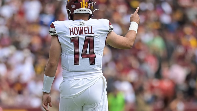 Sep 10, 2023; Landover, Maryland, USA; Washington Commanders quarterback Sam Howell (14) signals first down during the first quarter against the Arizona Cardinals  at FedExField. Mandatory Credit: Tommy Gilligan-USA TODAY Sports