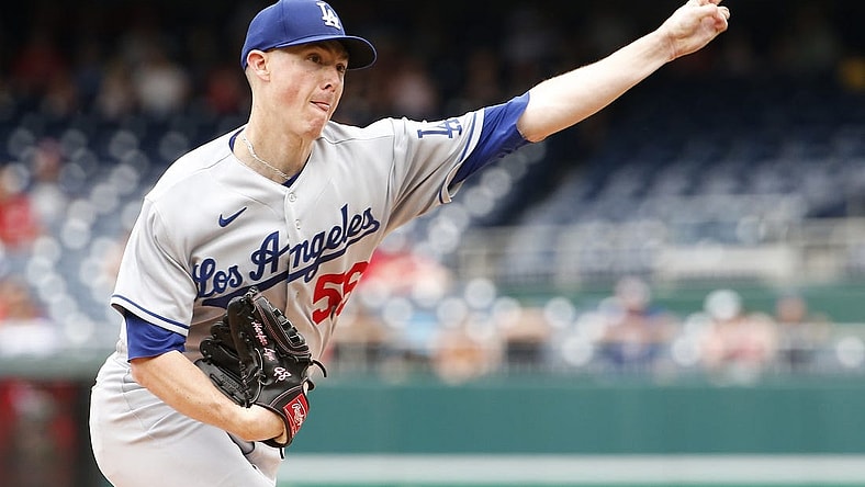 Sep 10, 2023; Washington, District of Columbia, USA; Los Angeles Dodgers starting pitcher Ryan Yarbrough (56) throws the ball in the first inning against the Washington Nationals at Nationals Park. Mandatory Credit: Amber Searls-USA TODAY Sports