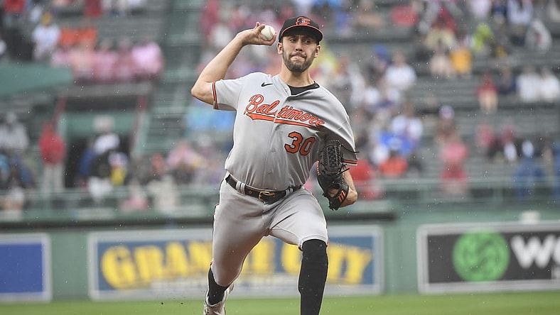 Sep 10, 2023; Boston, Massachusetts, USA;  Baltimore Orioles starting pitcher Grayson Rodriguez (30) pitches during the first inning against the Boston Red Sox at Fenway Park. Mandatory Credit: Bob DeChiara-USA TODAY Sports