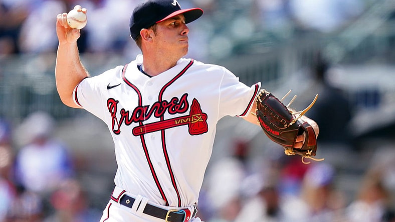 Sep 10, 2023; Cumberland, Georgia, USA; Atlanta Braves pitcher Allan Winans (72) cycles through a pitch against the Pittsburgh Pirates during the fourth inning at Truist Park. Mandatory Credit: John David Mercer-USA TODAY Sports