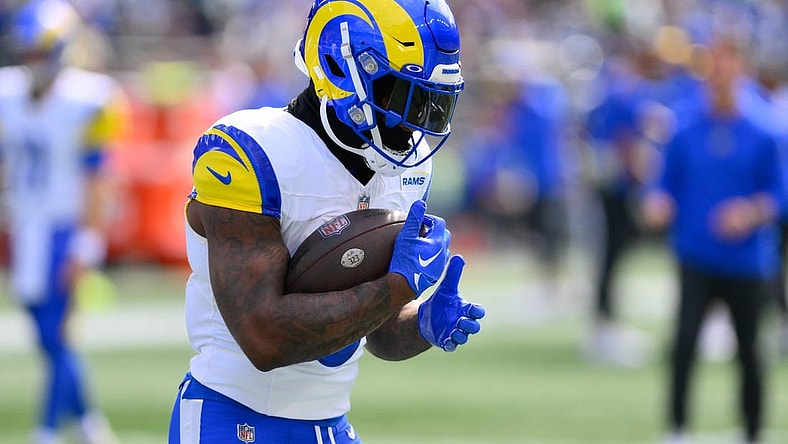 Sep 10, 2023; Seattle, Washington, USA; Los Angeles Rams running back Cam Akers (3) prior to the game against the Seattle Seahawks at Lumen Field. Mandatory Credit: Steven Bisig-USA TODAY Sports