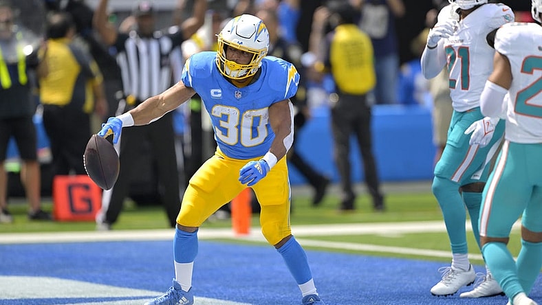Sep 10, 2023; Inglewood, California, USA; Los Angeles Chargers running back Austin Ekeler (30) celebrates after a touchdown in the first half against the Miami Dolphins at SoFi Stadium. Mandatory Credit: Jayne Kamin-Oncea-USA TODAY Sports