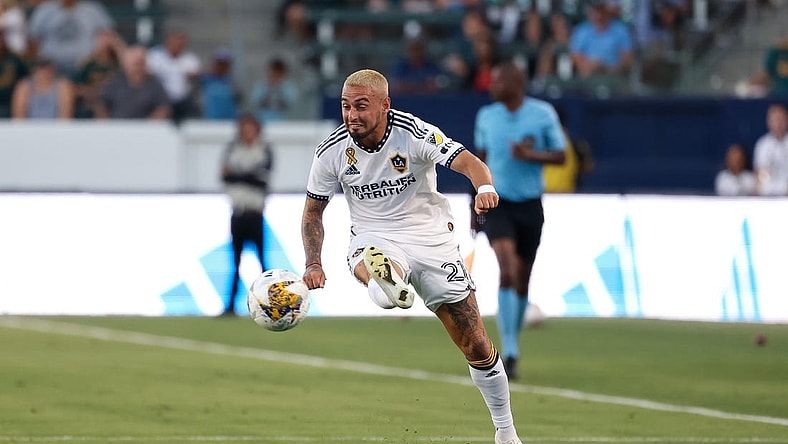 Sep 10, 2023; Carson, California, USA; Los Angeles Galaxy midfielder Diego Fagundez (21) fields the ball in the second half against St. Louis CITY SC at Dignity Health Sports Park. Mandatory Credit: Kiyoshi Mio-USA TODAY Sports