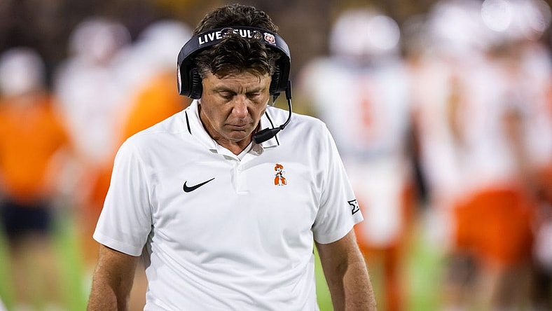 Sep 9, 2023; Tempe, Arizona, USA; Oklahoma State Cowboys head coach Mike Gundy reacts against the Arizona State Sun Devils at Mountain America Stadium. Mandatory Credit: Mark J. Rebilas-USA TODAY Sports