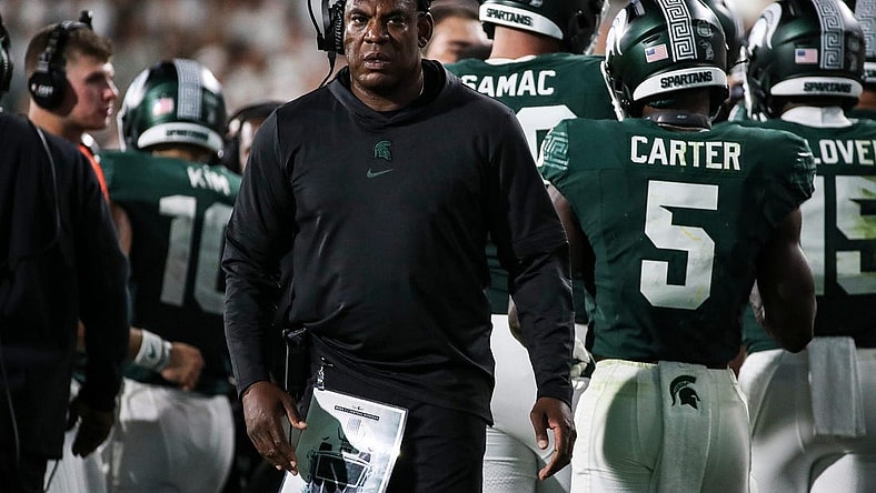 Michigan State coach Mel Tucker looks on after a touchdown against Central Michigan during the second half at Spartan Stadium in East Lansing on Sept. 1, 2023.