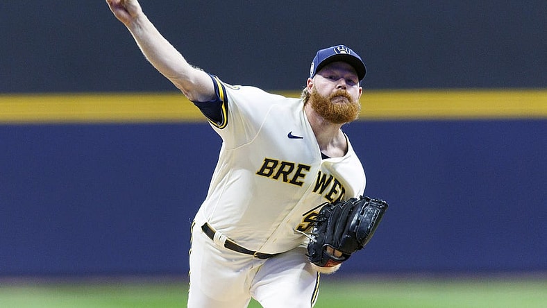 Sep 11, 2023; Milwaukee, Wisconsin, USA;  Milwaukee Brewers pitcher Brandon Woodruff (53) throws a pitch during the first inning against the Miami Marlins at American Family Field. Mandatory Credit: Jeff Hanisch-USA TODAY Sports