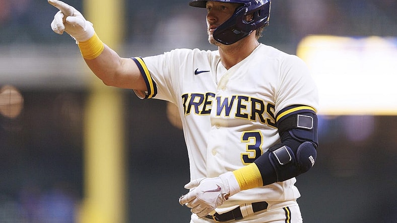 Sep 11, 2023; Milwaukee, Wisconsin, USA; Milwaukee Brewers third baseman Josh Donaldson (3) celebrates after hitting an RBI single during the third inning against the Miami Marlins at American Family Field. Mandatory Credit: Jeff Hanisch-USA TODAY Sports