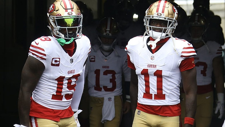 Sep 10, 2023; Pittsburgh, Pennsylvania, USA;  San Francisco 49ers wide receivers Deebo Samuel (19) and Brandon Aiyuk (11) take the field against the Pittsburgh Steelers at Acrisure Stadium. Mandatory Credit: Charles LeClaire-USA TODAY Sports