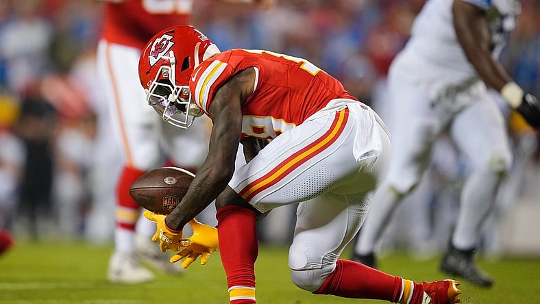 Sep 7, 2023; Kansas City, Missouri, USA; Kansas City Chiefs wide receiver Kadarius Toney (19) is unable to make the catch during the second half against the Detroit Lions at GEHA Field at Arrowhead Stadium. Mandatory Credit: Jay Biggerstaff-USA TODAY Sports