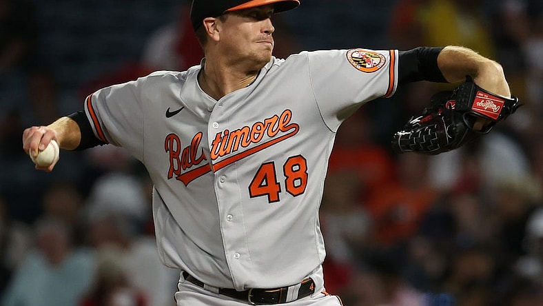 Sep 6, 2023; Anaheim, California, USA;  Baltimore Orioles starting pitcher Kyle Gibson (48) pitches during the game against the Los Angeles Angels at Angel Stadium. Mandatory Credit: Kiyoshi Mio-USA TODAY Sports