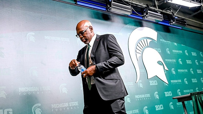 Michigan State football's acting head coach Harlon Barnett leaves the podium after his first press conference since taking over for suspended coach Mel Tucker on Tuesday, Sept. 12, 2023, at Spartan Stadium in East Lansing.