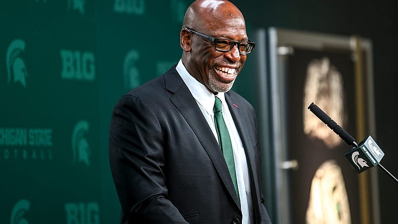 Michigan State football's acting head coach Harlon Barnett smiles during his first press conference since taking over for suspended coach Mel Tucker on Tuesday, Sept. 12, 2023, at Spartan Stadium in East Lansing.