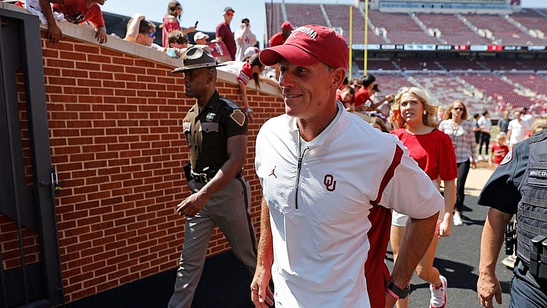 Oklahoma coach Brent Venables leaves the field after a college football game between the University of Oklahoma Sooners (OU) and the Arkansas State Red Wolves at Gaylord Family-Oklahoma Memorial Stadium in Norman, Okla., Saturday, Sept. 2, 2023. Oklahoma won 73-0.