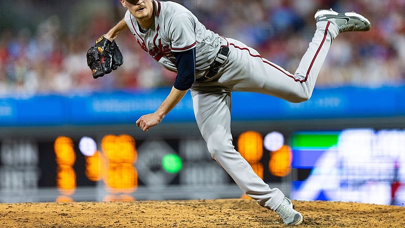 Sep 12, 2023; Philadelphia, Pennsylvania, USA; Atlanta Braves starting pitcher Max Fried (54) throws a pitch during the fourth inning against the Philadelphia Phillies at Citizens Bank Park. Mandatory Credit: Bill Streicher-USA TODAY Sports