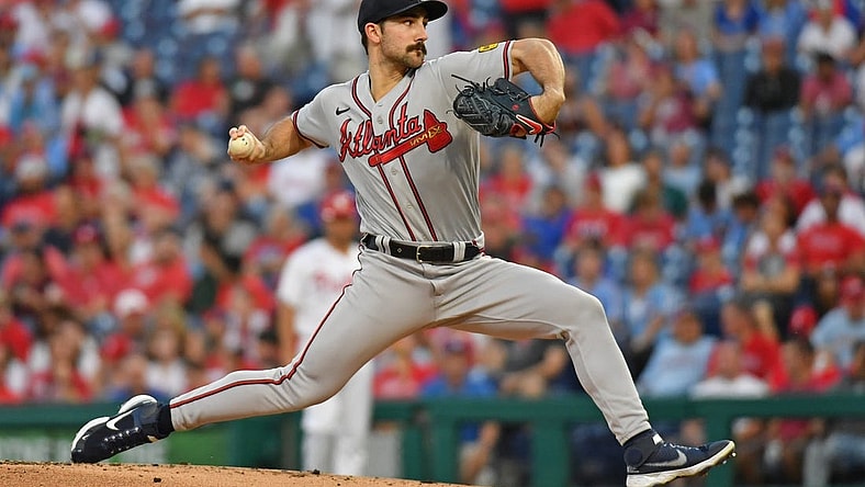 Sep 13, 2023; Philadelphia, Pennsylvania, USA; Atlanta Braves starting pitcher Spencer Strider (99) throws a pitch against the Philadelphia Phillies during the first inning at Citizens Bank Park. Mandatory Credit: Eric Hartline-USA TODAY Sports