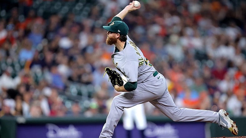 Sep 13, 2023; Houston, Texas, USA; Oakland Athletics starting pitcher Paul Blackburn (58) delivers a pitch against the Houston Astros during the first inning at Minute Maid Park. Mandatory Credit: Erik Williams-USA TODAY Sports