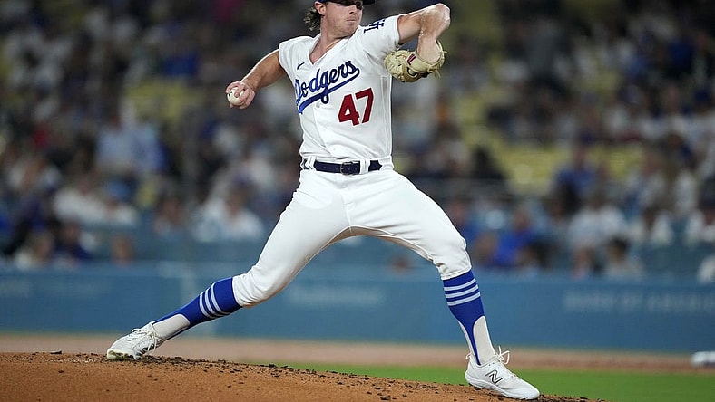 Sep 13, 2023; Los Angeles, California, USA; Los Angeles Dodgers starting pitcher Ryan Pepiot (47) throws in the second inning against the San Diego Padres at Dodger Stadium. Mandatory Credit: Kirby Lee-USA TODAY Sports