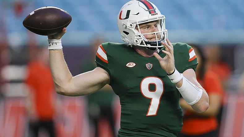Sep 14, 2023; Miami Gardens, Florida, USA; Miami Hurricanes quarterback Tyler Van Dyke (9) throws the football prior to the game against the Bethune Cookman Wildcats at Hard Rock Stadium. Mandatory Credit: Sam Navarro-USA TODAY Sports