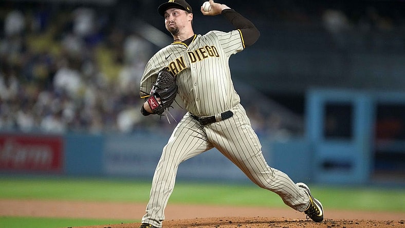 Sep 13, 2023; Los Angeles, California, USA; San Diego Padres starting pitcher Blake Snell (4) throws in the first inning against the Los Angeles Dodgers at Dodger Stadium. Mandatory Credit: Kirby Lee-USA TODAY Sports