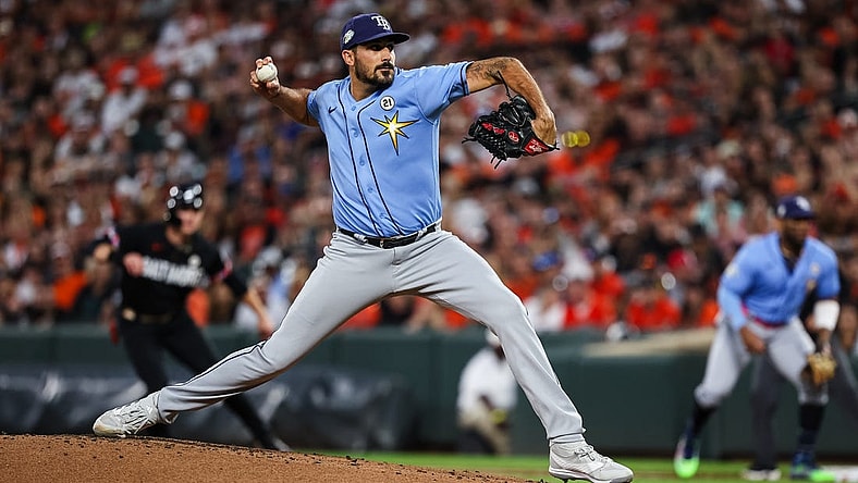 Sep 15, 2023; Baltimore, Maryland, USA; Tampa Bay Rays starting pitcher Zach Eflin (24) pitches against the Baltimore Orioles during the first inning at Oriole Park at Camden Yards. Mandatory Credit: Scott Taetsch-USA TODAY Sports