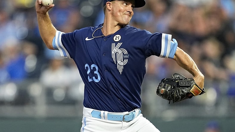 Sep 15, 2023; Kansas City, Missouri, USA; Kansas City Royals starting pitcher Zack Greinke (23) pitches during the first inning against the Houston Astros at Kauffman Stadium. Mandatory Credit: Jay Biggerstaff-USA TODAY Sports