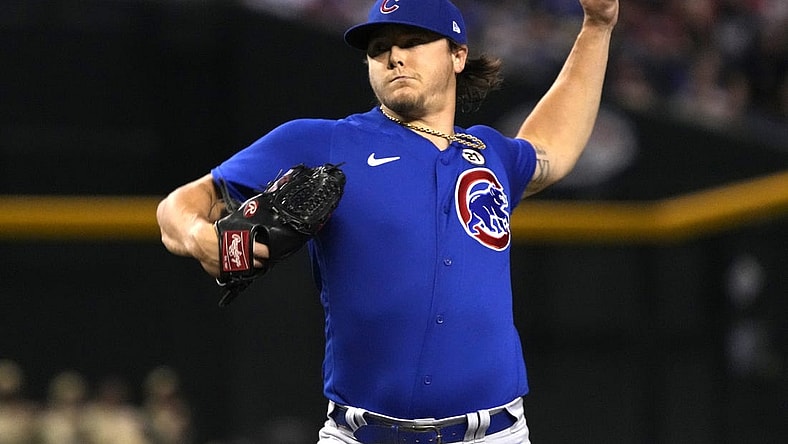 Sep 15, 2023; Phoenix, Arizona, USA; Chicago Cubs starting pitcher Justin Steele (35) throws against the Arizona Diamondbacks in the first inning at Chase Field. Mandatory Credit: Rick Scuteri-USA TODAY Sports