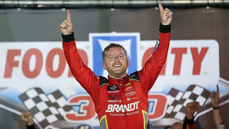 Sep 15, 2023; Bristol, Tennessee, USA; NASCAR Xfinity Series driver Justin Allgaier (7) celebrates after winning the race at Bristol Motor Speedway. Mandatory Credit: Randy Sartin-USA TODAY Sports
