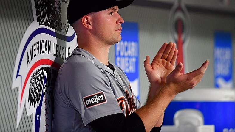 Sep 15, 2023; Anaheim, California, USA; Detroit Tigers starting pitcher Tarik Skubal (29) watches game action against the Los Angeles Angels during the sixth inning at Angel Stadium. Mandatory Credit: Gary A. Vasquez-USA TODAY Sports