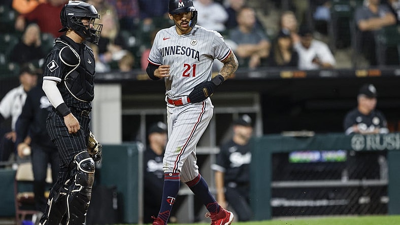 Sep 15, 2023; Chicago, Illinois, USA; Minnesota Twins short stop Carlos Correa scores against the Chicago White Sox during the ninth inning at Guaranteed Rate Field. Mandatory Credit: Kamil Krzaczynski-USA TODAY Sports