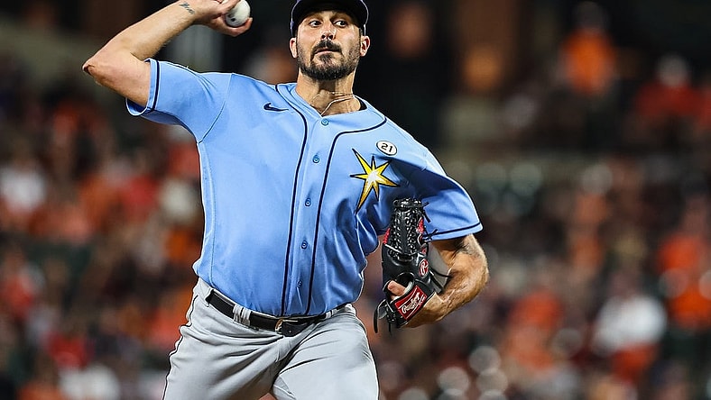 Sep 15, 2023; Baltimore, Maryland, USA; Tampa Bay Rays starting pitcher Zach Eflin (24) pitches against the Baltimore Orioles during the seventh inning at Oriole Park at Camden Yards. Mandatory Credit: Scott Taetsch-USA TODAY Sports