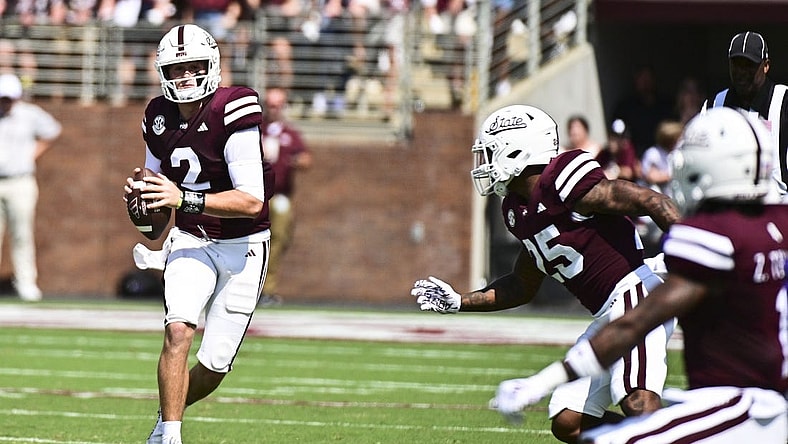 Sep 16, 2023; Starkville, Mississippi, USA; Mississippi State Bulldogs quarterback Will Rogers (2) moves in the pocket against the LSU Tigers during the first quarter at Davis Wade Stadium at Scott Field. Mandatory Credit: Matt Bush-USA TODAY Sports