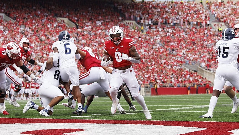 Sep 16, 2023; Madison, Wisconsin, USA;  Wisconsin Badgers running back Braelon Allen (0) rushes for a touchdown during the third quarter against the Georgia Southern Eagles at Camp Randall Stadium. Mandatory Credit: Jeff Hanisch-USA TODAY Sports