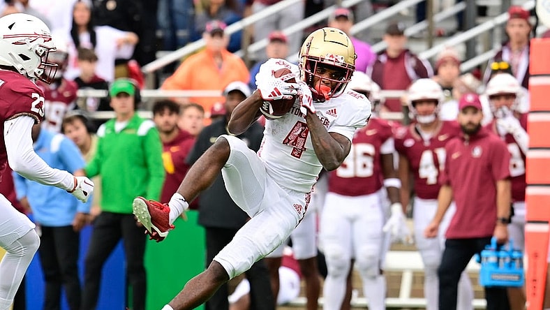 Sep 16, 2023; Chestnut Hill, Massachusetts, USA; Boston College Eagles wide receiver Ryan O'Keefe (4) makes a catch during the second half against the Florida State Seminoles at Alumni Stadium. Mandatory Credit: Eric Canha-USA TODAY Sports