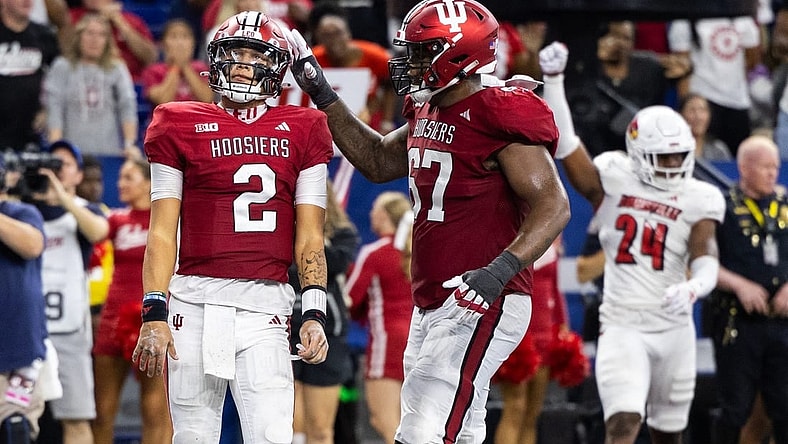Sep 16, 2023; Indianapolis, Indiana, USA; Indiana Hoosiers quarterback Tayven Jackson (2) reacts after being stopped short of the end zone against the Louisville Cardinals in the second half at Lucas Oil Stadium. Mandatory Credit: Trevor Ruszkowski-USA TODAY Sports