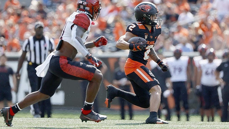 Sep 16, 2023; Corvallis, Oregon, USA; Oregon State Beavers wide receiver Anthony Gould (2) runs the ball during the first half against the San Diego State Aztecs at Reser Stadium. Mandatory Credit: Soobum Im-USA TODAY Sports